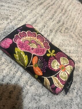 Vera Bradley Black Quilted Floral Zip Wallet with Pink, Green & Orange